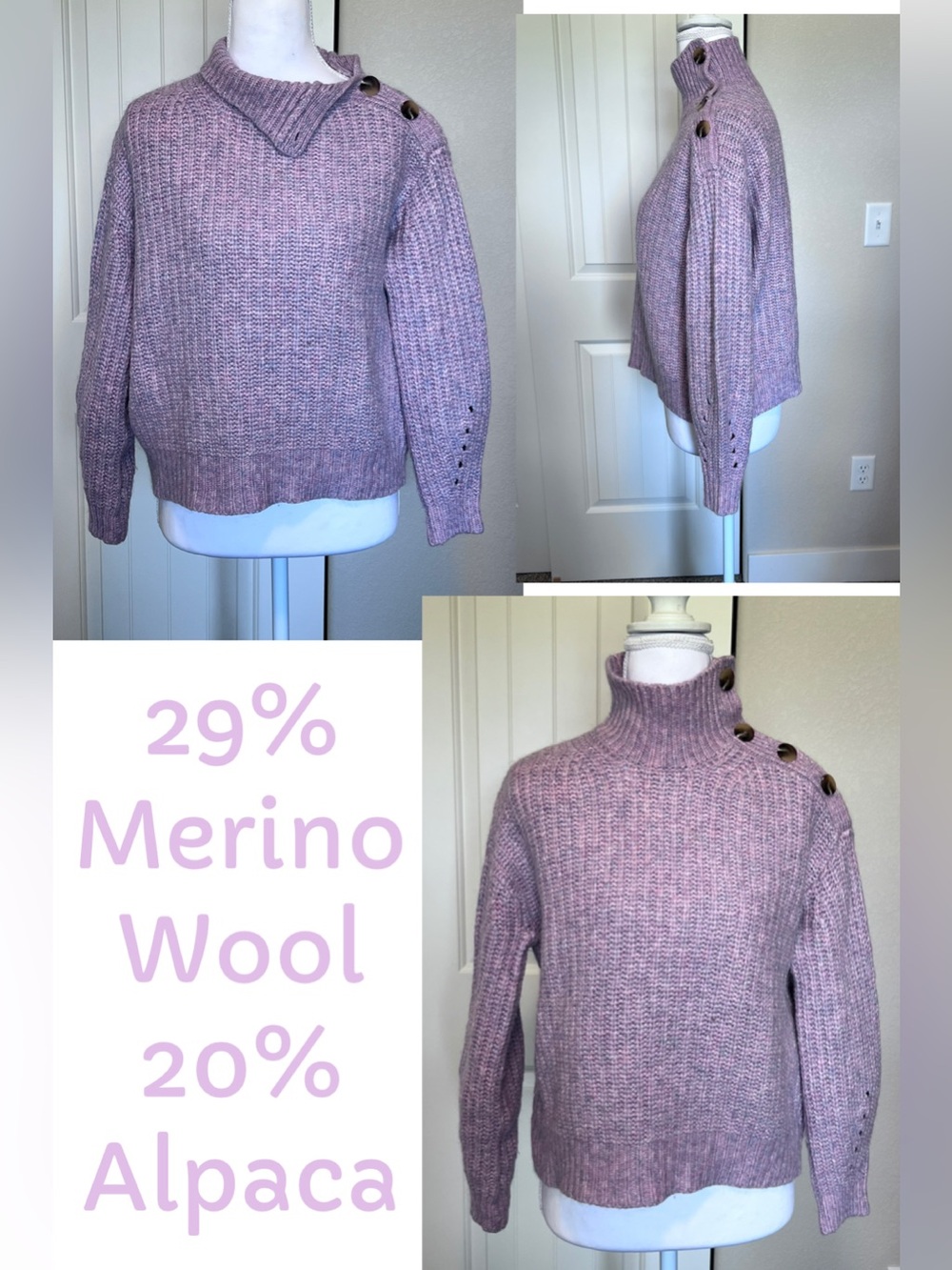 Alpaca Merino Wool Blend J. Crew Button-Shoulder Turtleneck Cropped Sweater